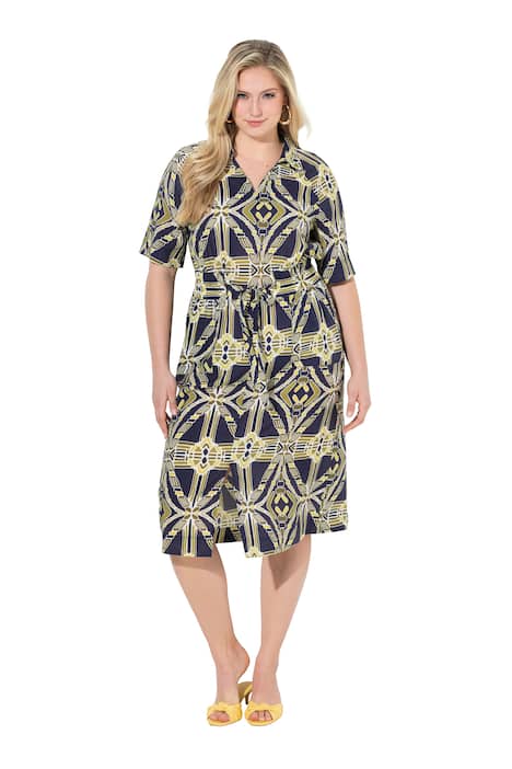 Midi šaty, áčkový střih, košilový límec, polodlouhý rukáv, kapsy