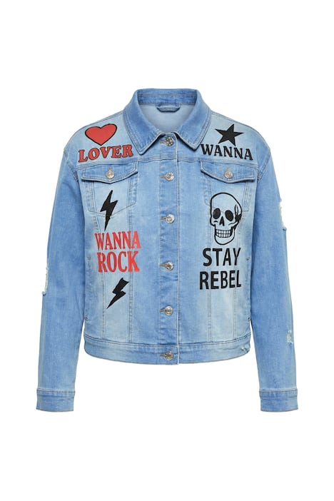 Džínová bunda, oversize, potisky, strečová džínovina