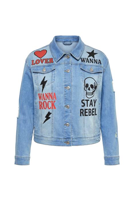 Džínová bunda, oversize, potisky, strečová džínovina