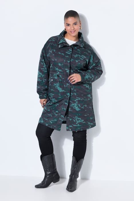 Frakke, lige form, camouflage, snøre i taljen