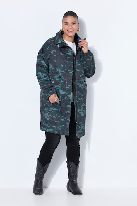 Frakke, lige form, camouflage, snøre i taljen