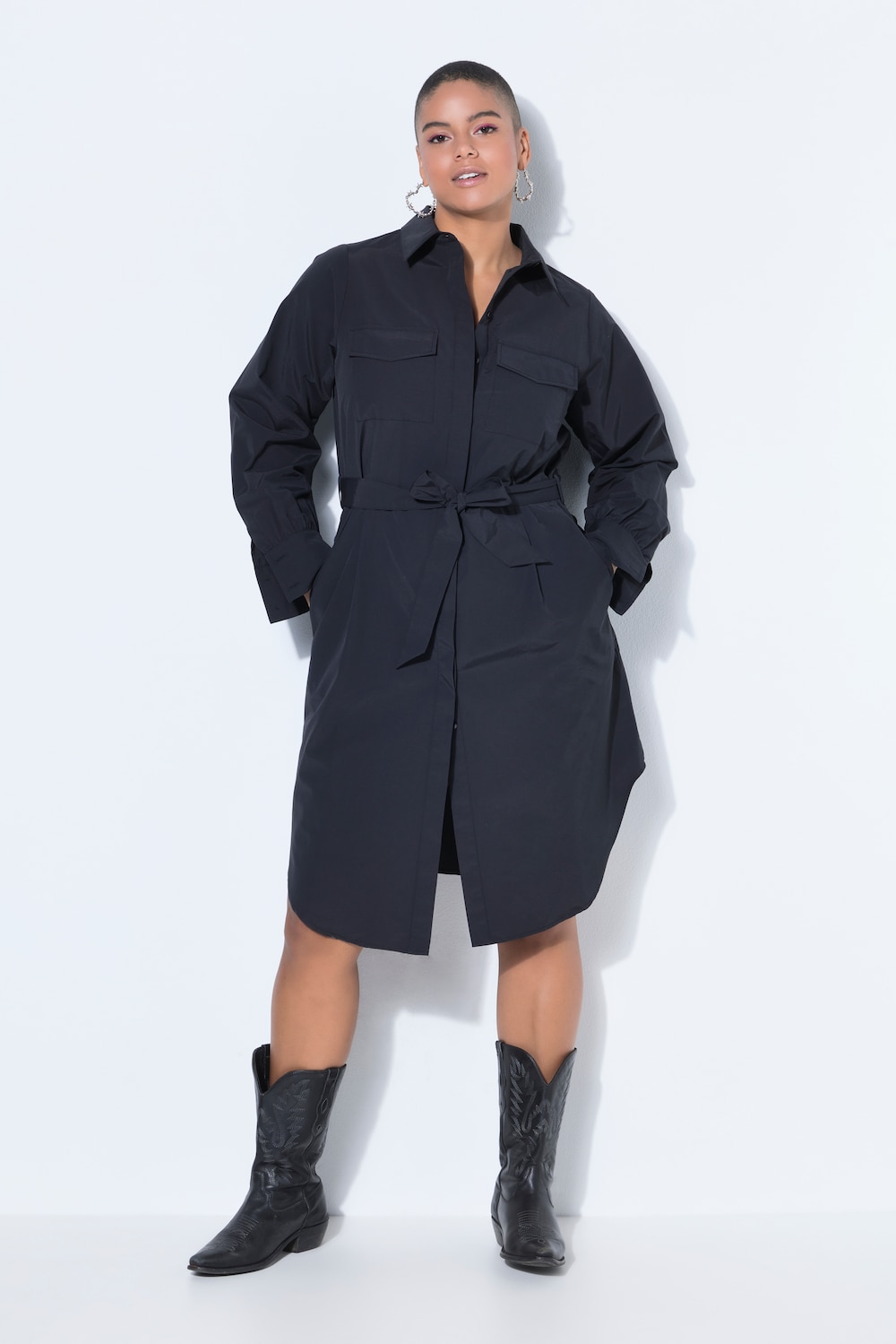 Hemdblusenkleid, Fitted Fit, Midilänge, Bindegürtel