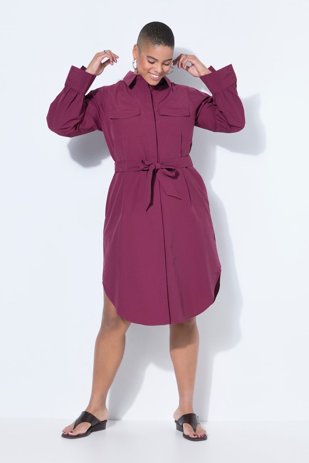 Hemdblusenkleid, Fitted Fit, Midilänge, Bindegürtel