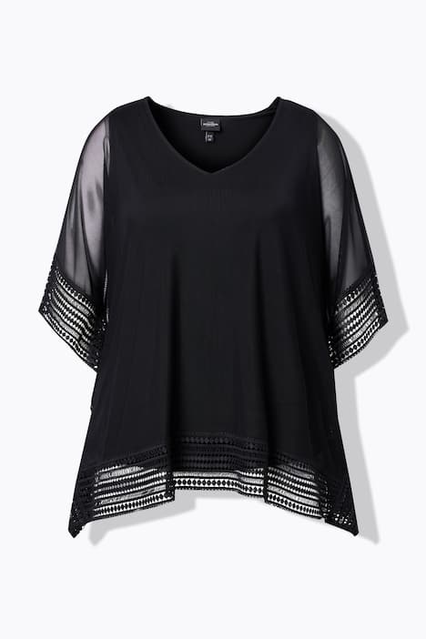 Blouse met mesh, kanten randen, oversized, V-hals, 3/4-mouwen