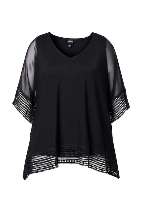 Síťovaná halenka s krajkovým lemem, volný střih, V výstřih, 3/4 rukávy