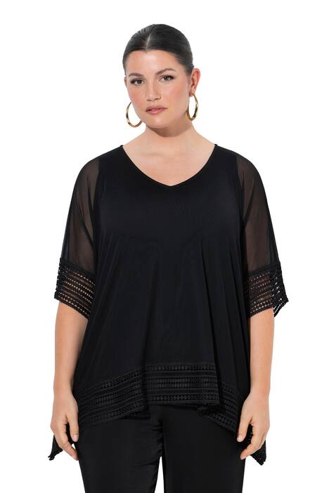 Síťovaná halenka s krajkovým lemem, volný střih, V výstřih, 3/4 rukávy