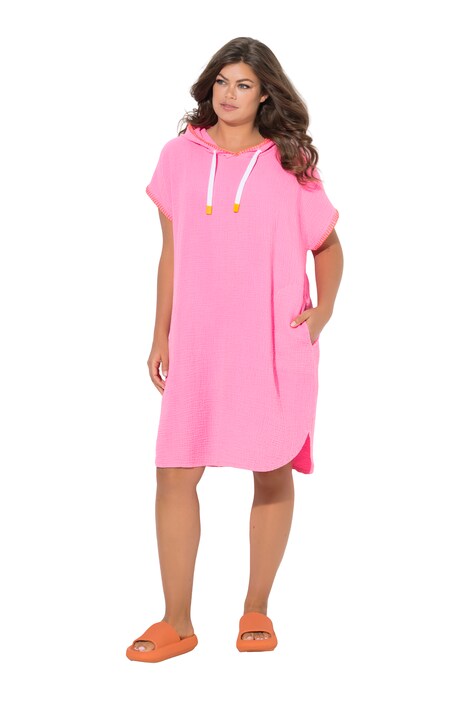 Mušelínové plážové šaty, kapuce, polo rukáv