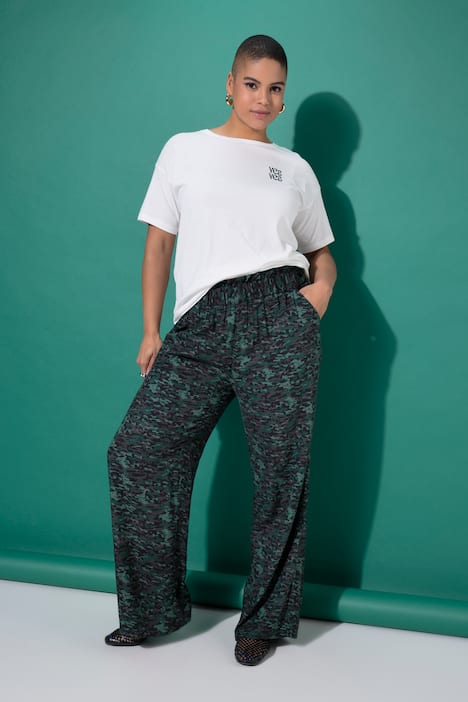 spodnie, szerokie nogawki, wysoki stan, moro