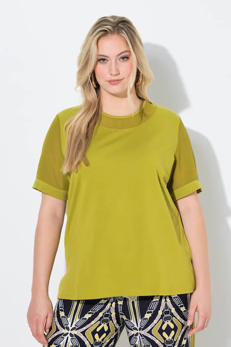 T-shirt, transparante ronde hals, korte mouwen