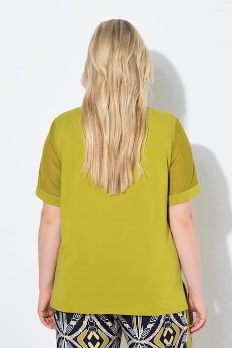 T-shirt, transparante ronde hals, korte mouwen