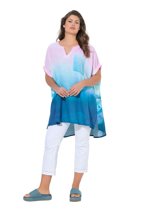 Dlouhá mušelínová halenka, polo rukáv, tunikový výstřih