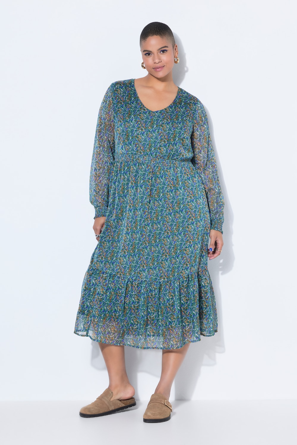 Maxikleid, A-Line, Print mit Glitzerfäden, Saumvolant