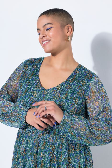 Maxikleid, A-Line, Print mit Glitzerfäden, Saumvolant