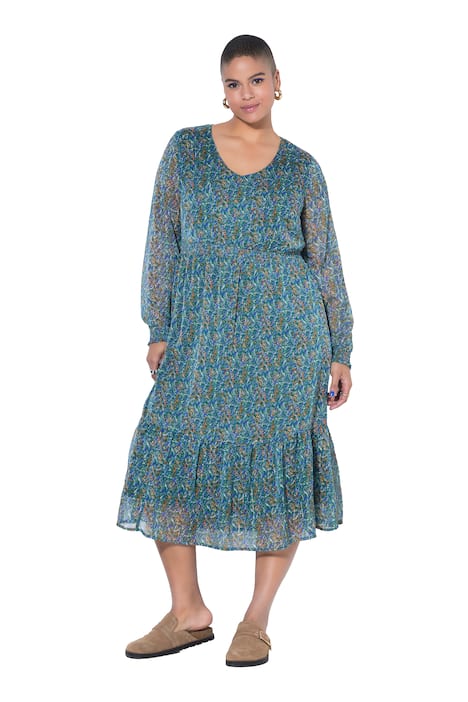 Midi šaty, A střih, potisk s třpytivými vlákny, volán na lemu