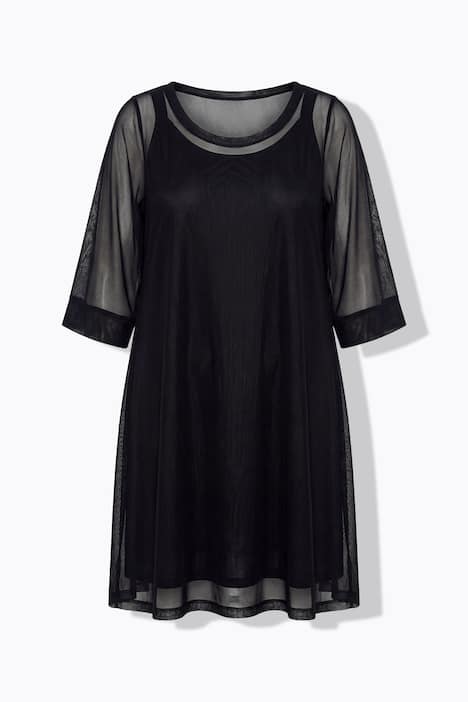 Sukienka z siateczki, trapezowy krój, rękaw rozszerzany 3/4