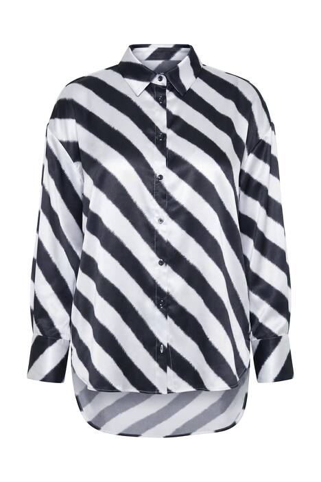 Košilová halenka, satén, oversize, příčné pruhy