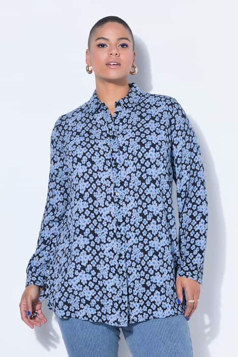 Bluzka koszulowa, szeroki, prosty krój, w kwiaty, długi rękaw