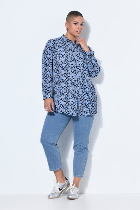 Bluzka koszulowa, szeroki, prosty krój, w kwiaty, długi rękaw