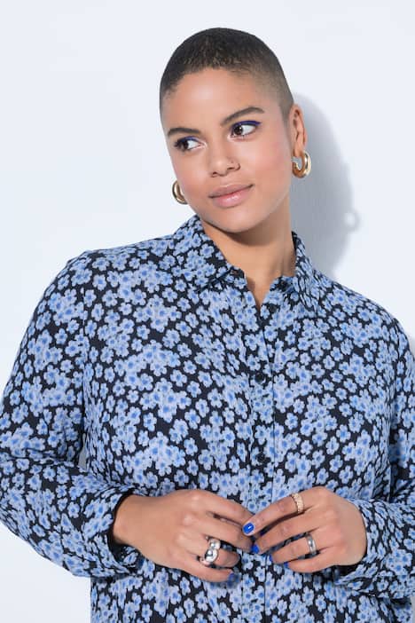 Bluzka koszulowa, szeroki, prosty krój, w kwiaty, długi rękaw