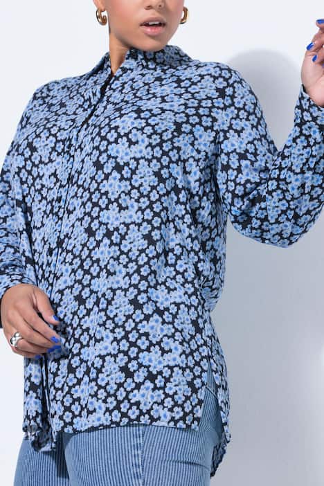 Bluzka koszulowa, szeroki, prosty krój, w kwiaty, długi rękaw