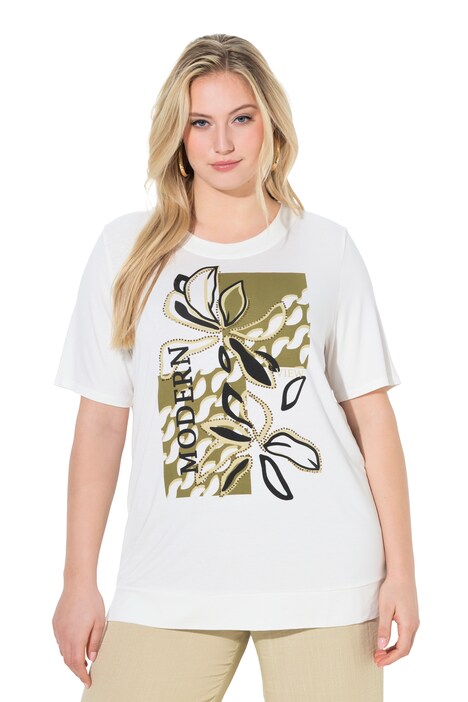 Tričko, květinový motiv, ozdobné kamínky, kulatý výstřih, polodlouhý rukáv