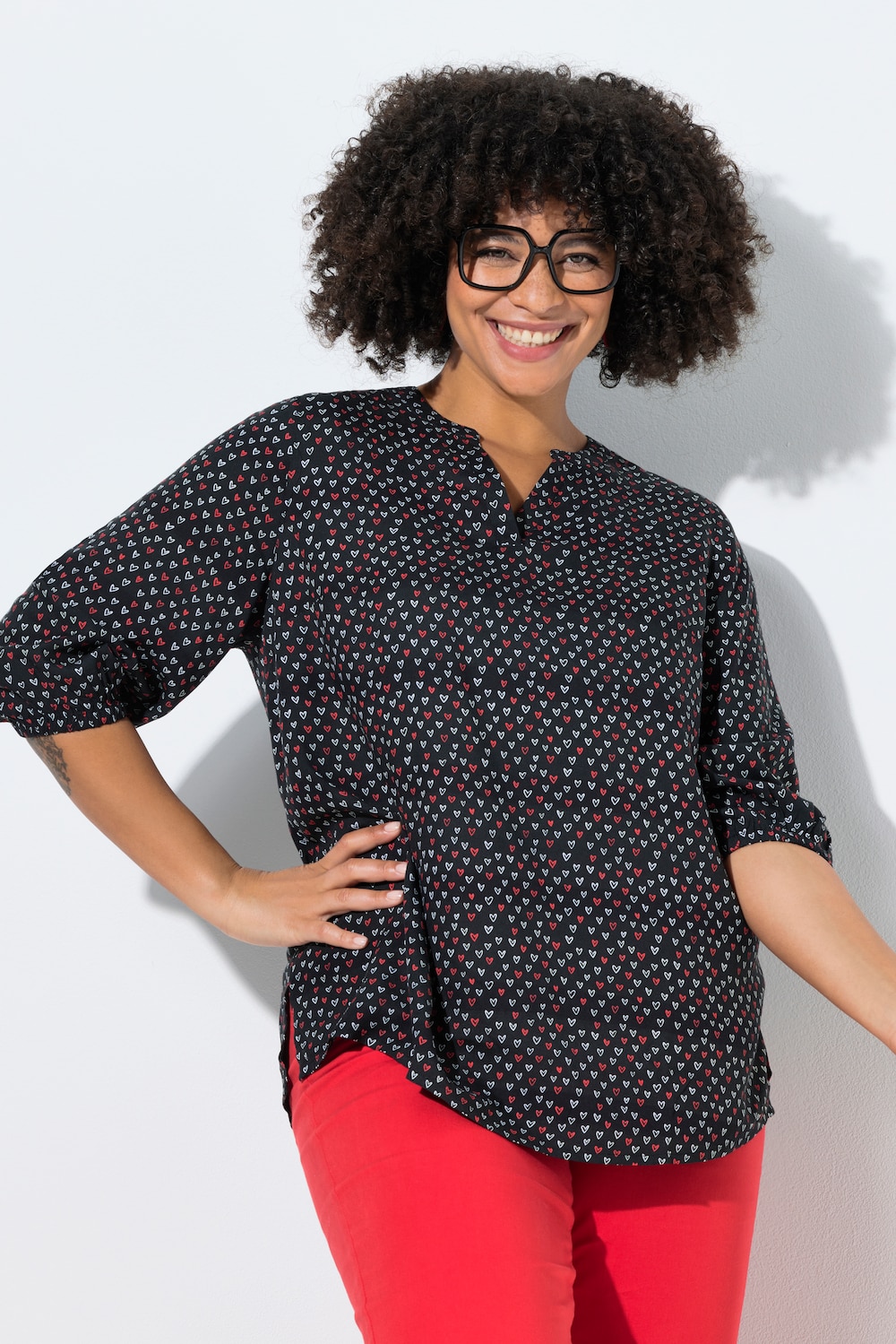 Bluse, A-Linie, Viskose, Herz-Muster, 3/4-Ärmel