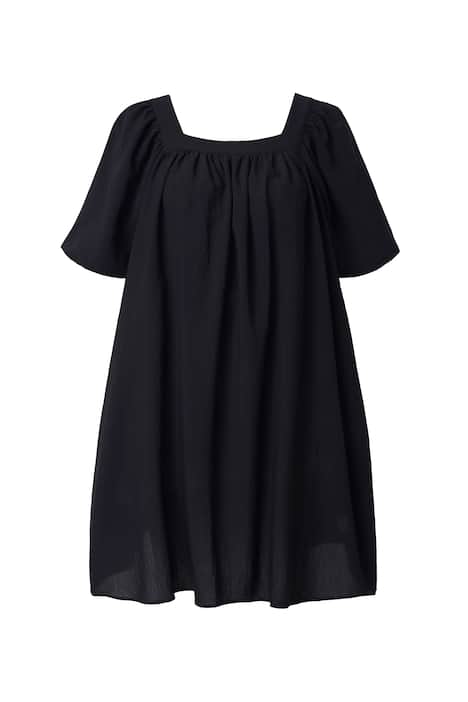 Šaty, áčkový střih, čtvercový límec, balónové rukávy