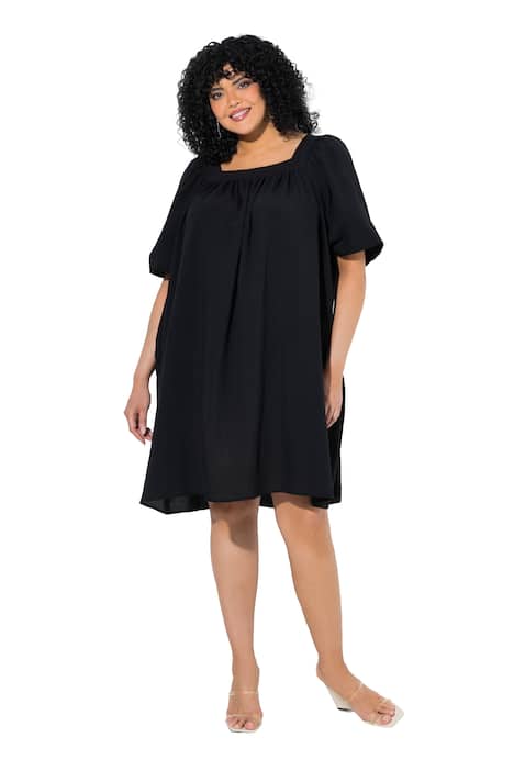 Šaty, áčkový střih, čtvercový límec, balónové rukávy