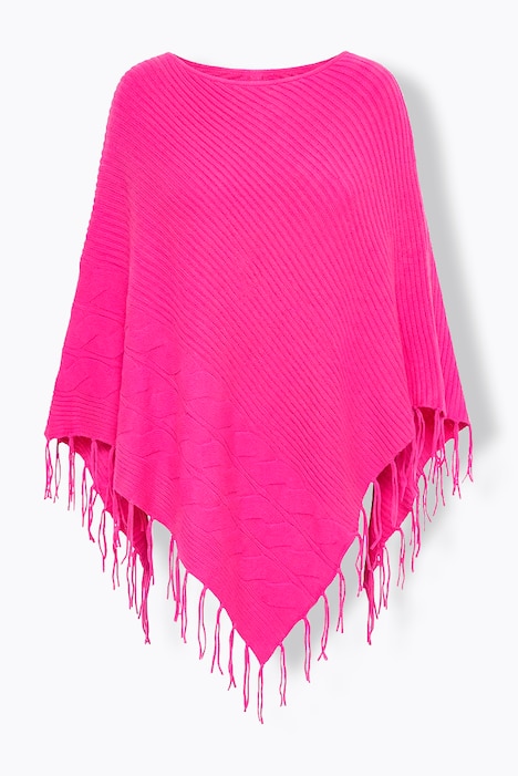 Poncho, oversized, Feinstrick, Zopfmuster, Fransen