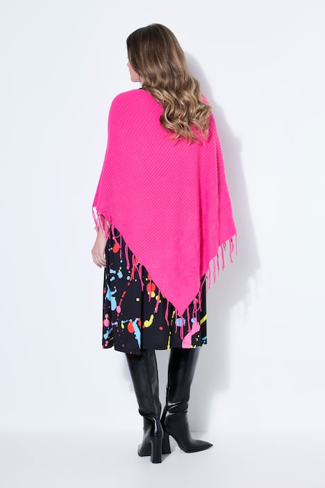 Poncho, oversized, Feinstrick, Zopfmuster, Fransen