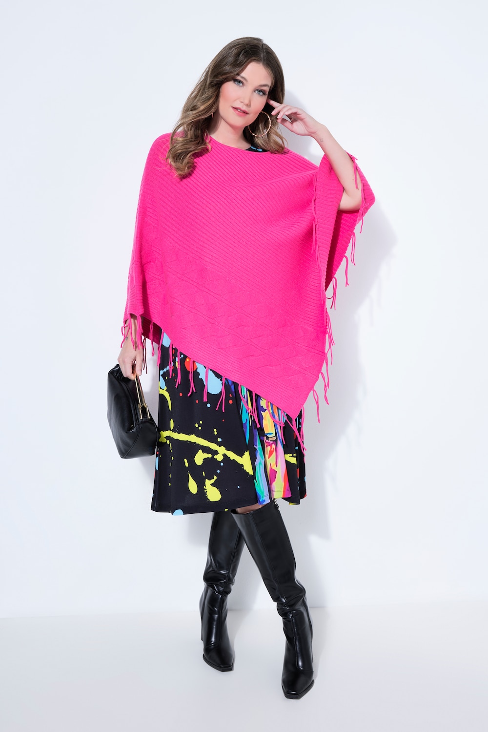 Poncho, oversized, Feinstrick, Zopfmuster, Fransen