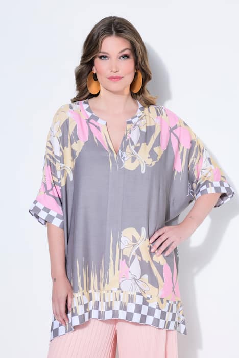 Mixed Border Print Batwing Sleeve Blouse