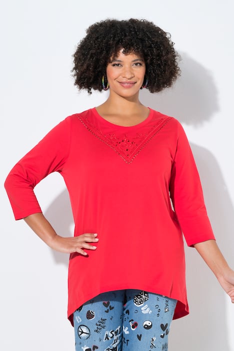 T-shirt, langere A-lijn, opengewerkt borduursel, 3/4-mouwen