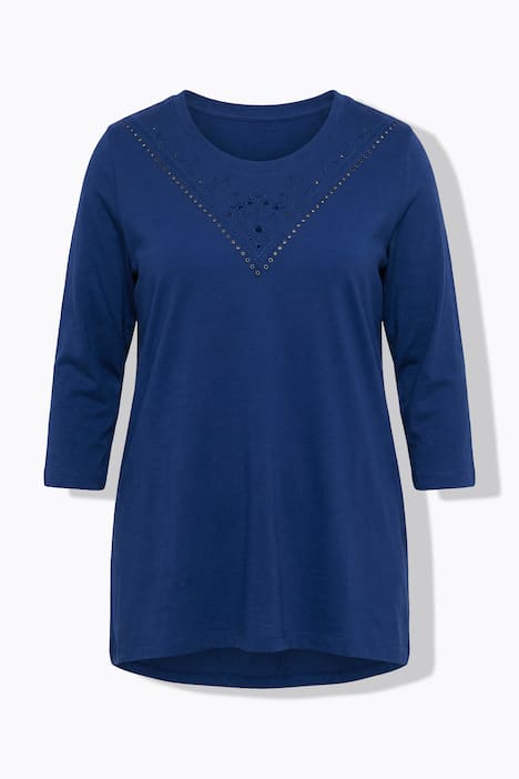 T-shirt, langere A-lijn, opengewerkt borduursel, 3/4-mouwen