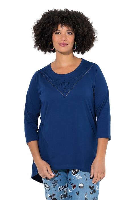 Tričko, delší A střih, děrovaná výšivka, 3/4 rukávy