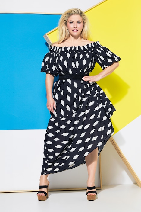 Maxikleid, Wabenmuster, Carmen-Ausschnitt, Ballon-Halbarm