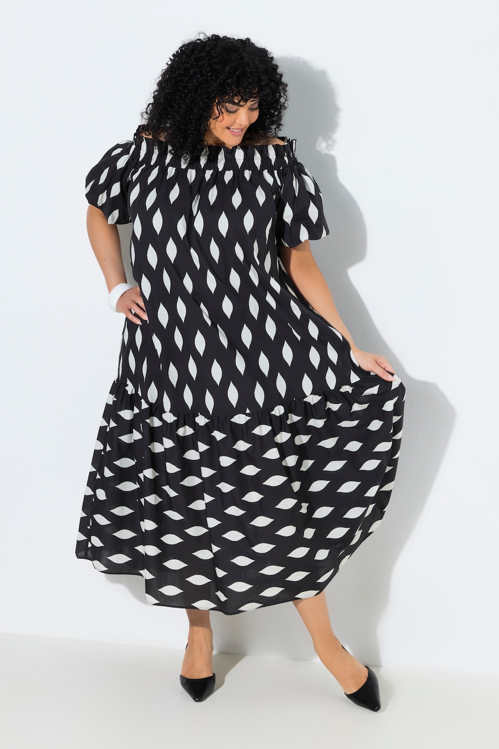 Maxikleid, Wabenmuster, Carmen-Ausschnitt, Ballon-Halbarm