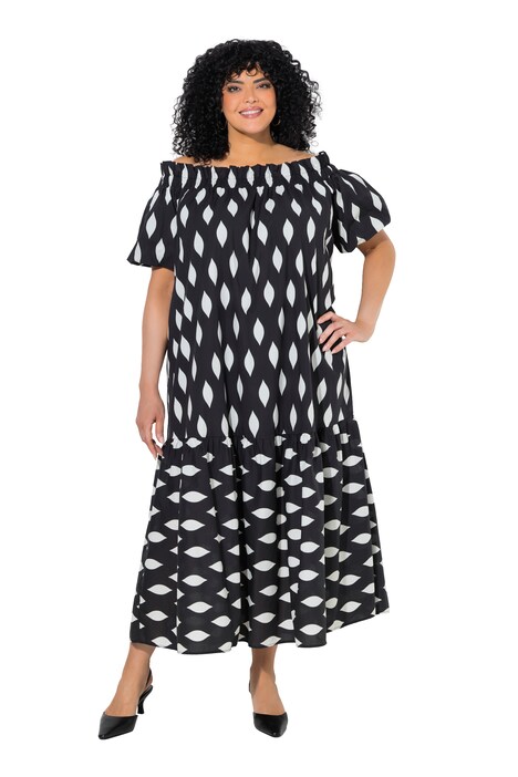 Maxi šaty s včelím plástvovým vzorem, Carmen límec, polo balónové rukávy