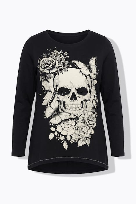 T-Shirt, längere A-Linie, Totenkopf, Glitzernähte