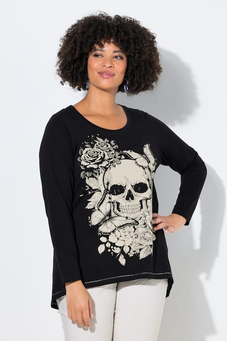 T-Shirt, längere A-Linie, Totenkopf, Glitzernähte