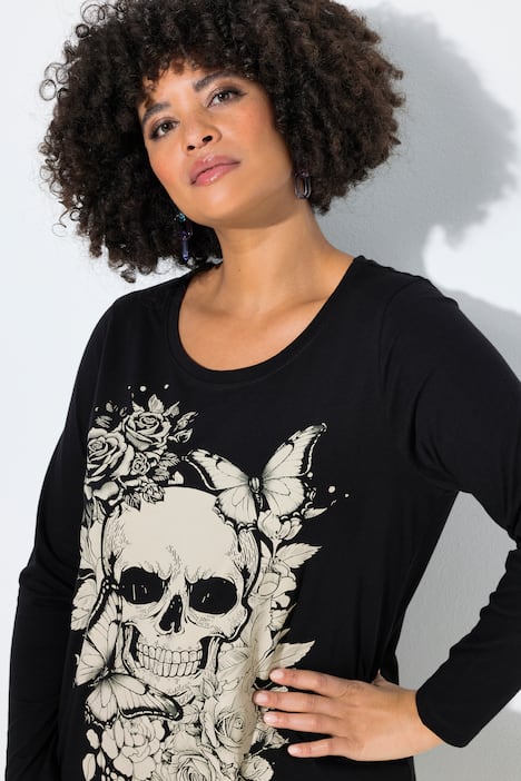 T-Shirt, längere A-Linie, Totenkopf, Glitzernähte