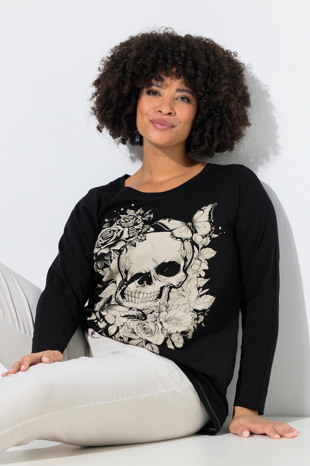 T-Shirt, längere A-Linie, Totenkopf, Glitzernähte