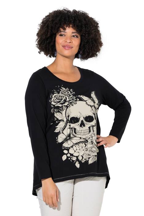 Tričko, delší A střih, lebka, třpytivé švy