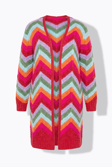 Strickjacke, lange und gerade, offene Form, Zackenmuster