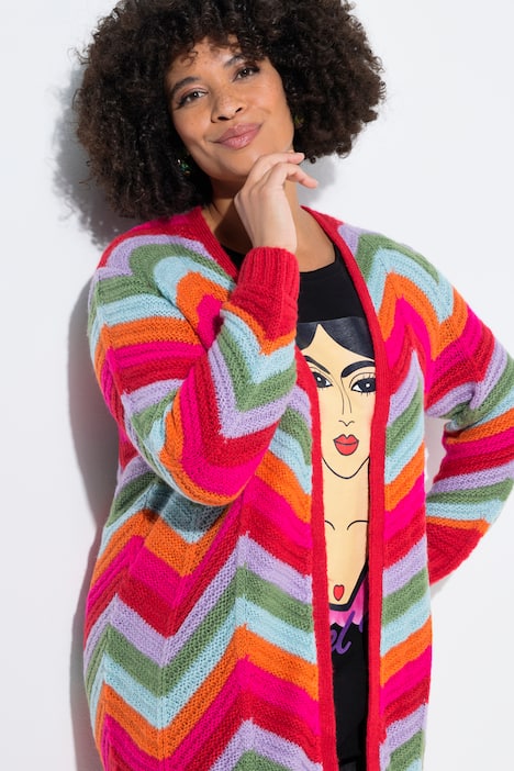 Strickjacke, lange und gerade, offene Form, Zackenmuster