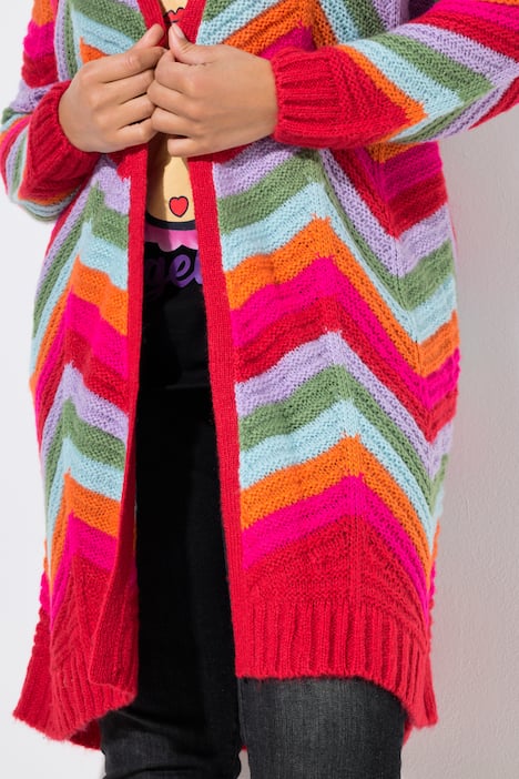 Strickjacke, lange und gerade, offene Form, Zackenmuster