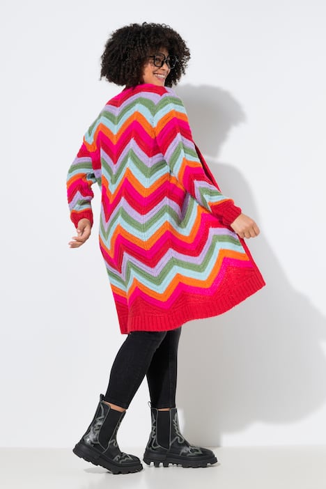 Strickjacke, lange und gerade, offene Form, Zackenmuster