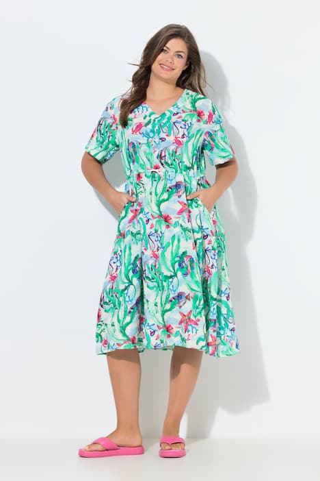 Musselin-Kleid, V-Ausschnitt, Tunnelzug, 1/2 Arm