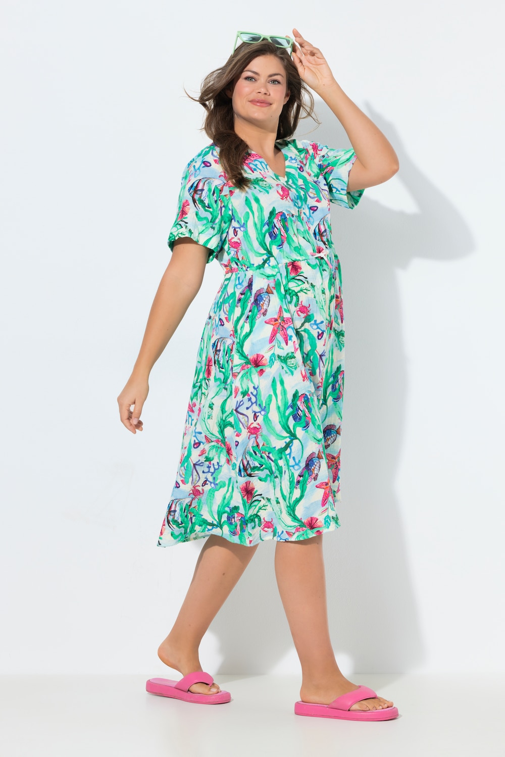 Musselin-Kleid, V-Ausschnitt, Tunnelzug, 1/2 Arm