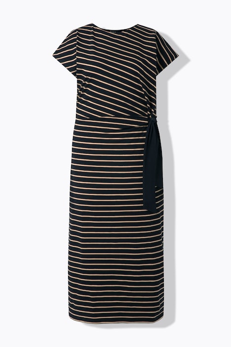 Robe longue, rayures, coupe slim, col rond, manches courtes